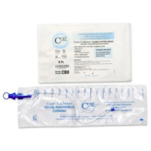 Cure Catheter Closed System Pre Lubricated Single Straight Tip Blue Unisex 8FR